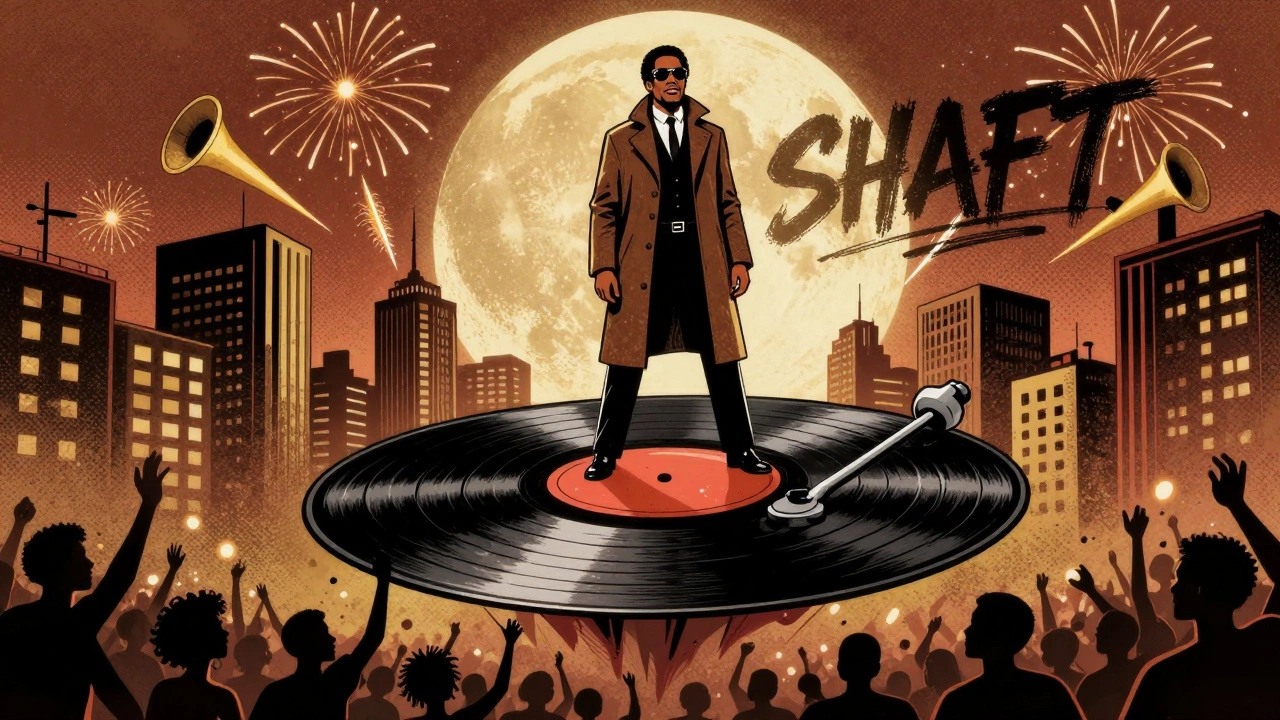 Isaac Hayes towering over a city shaped by his bassline, standing on a floating vinyl record.