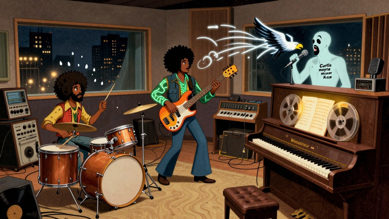 Musicians in a 70s studio playing live funk, with soundwaves turning into glowing spirits and floating tape reels.
