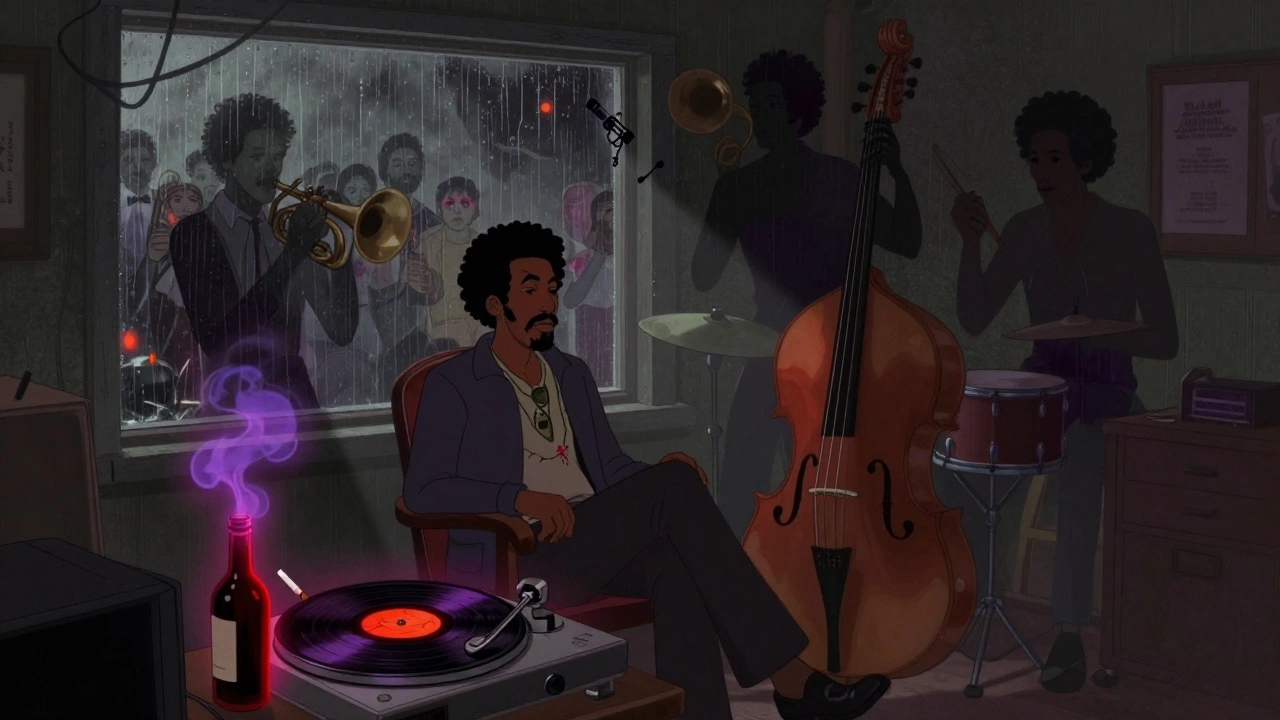 Sly Stone alone in a dark room, surrounded by fading band members and swirling smoke, evoking the mood of 'There’s a Riot Going On'.