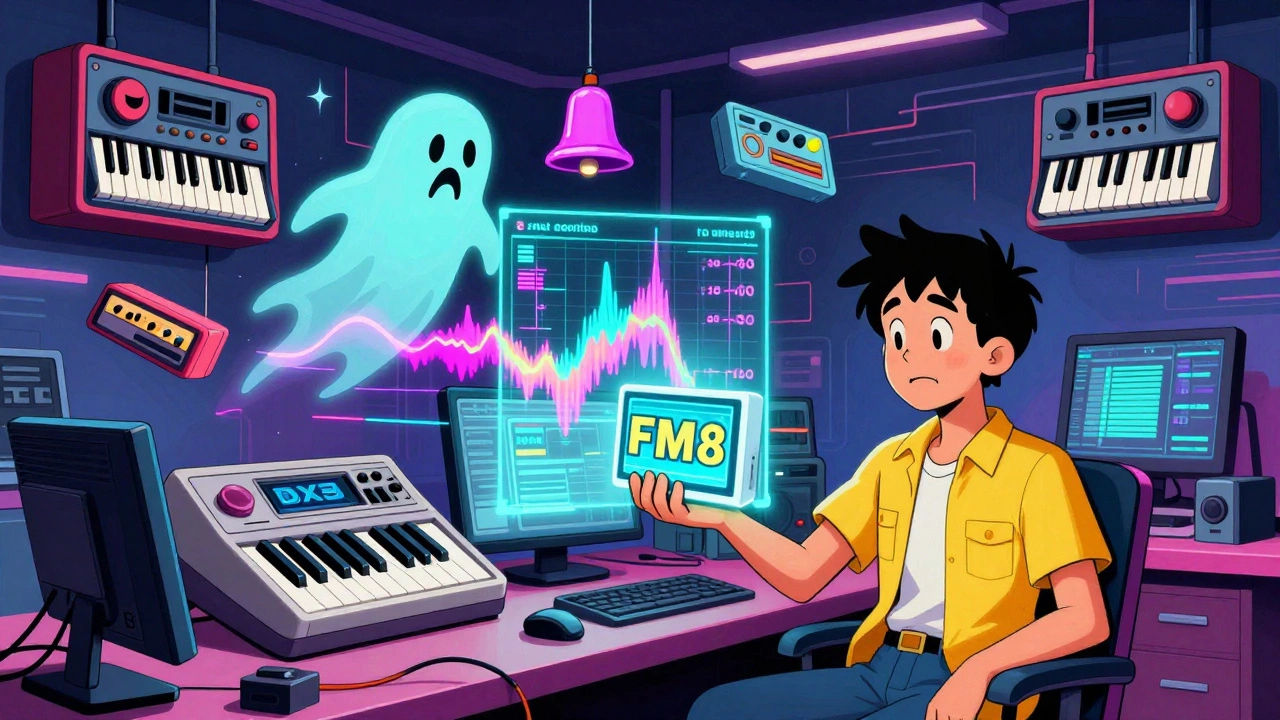 Time-traveling producer with holograms of DX7 presets transforming into modern digital music tools.