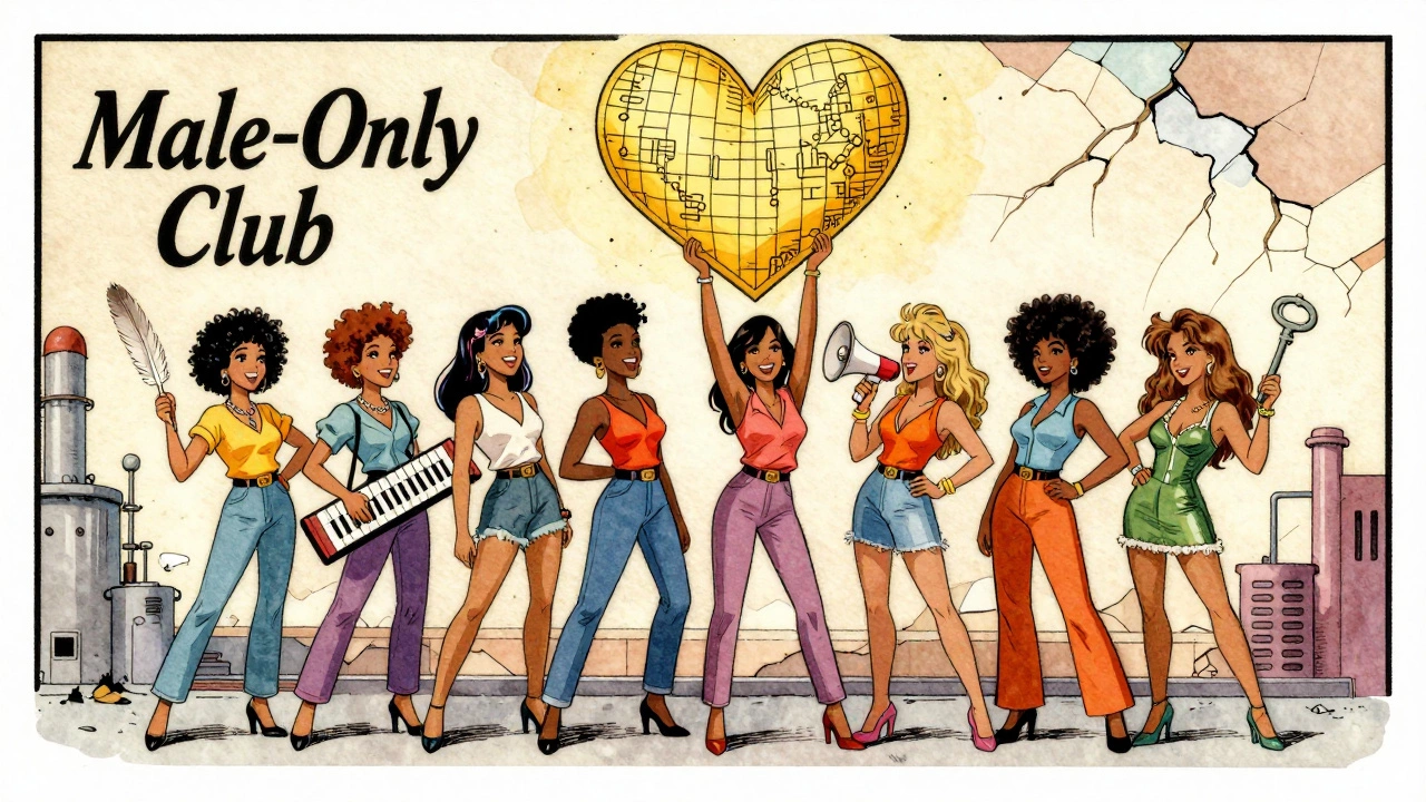 1980s women artists breaking through a male-dominated industry wall, vintage cartoon style.