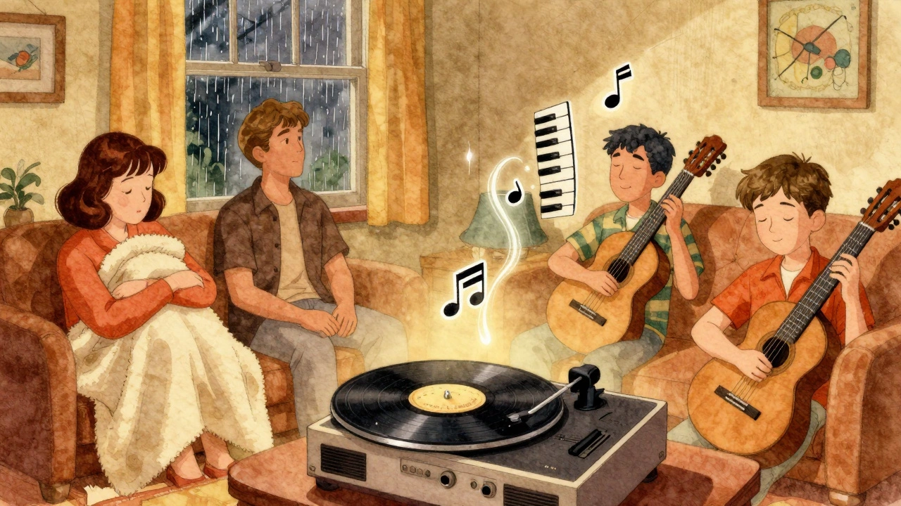 A 1970s living room where listeners are moved by James Taylor's album, soft light and musical lines filling the air.