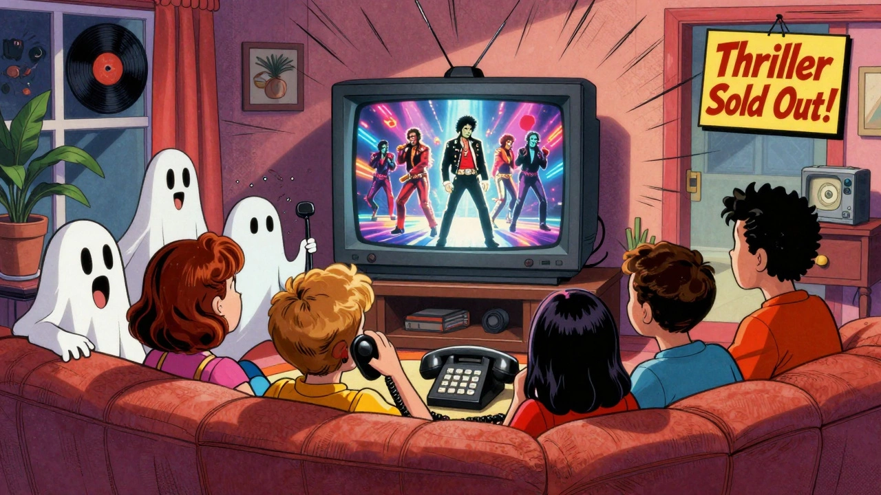 A 1980s family watches Michael Jackson's 'Thriller' premiere on TV, with VJs as ghostly observers and a sold-out record store outside.
