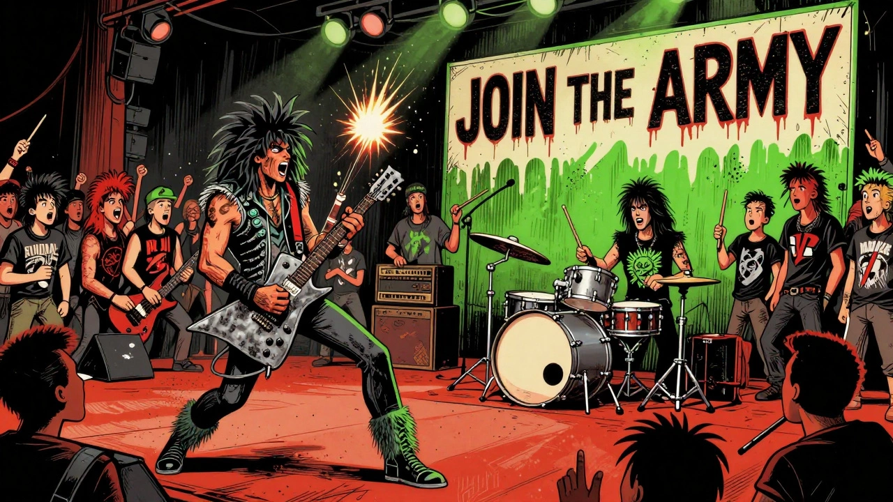 A band plays on stage with crowd of punk and metal fans, giant 'JOIN THE ARMY' sign behind them, sparks fly from guitar.
