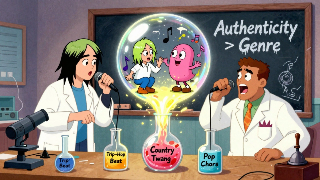 A cartoon science lab mixing music genres into a glowing song bubble with Billie Eilish and Tricky inside, labeled 'Authenticity > Genre'.