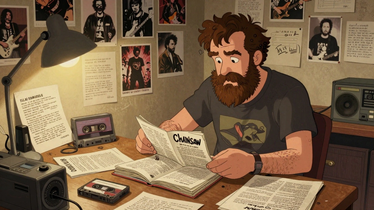 A DIY zine maker hand-stapling copies in a messy room filled with tapes, typewriters, and band photos under a warm lamp.