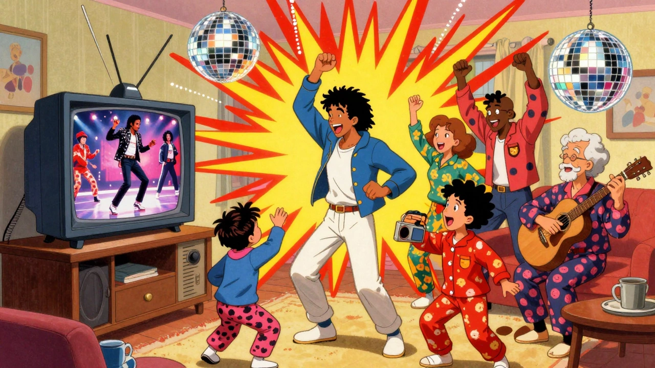 A family dances wildly in pajamas as a TV plays Michael Jackson's moonwalk with glitter and soundwaves.