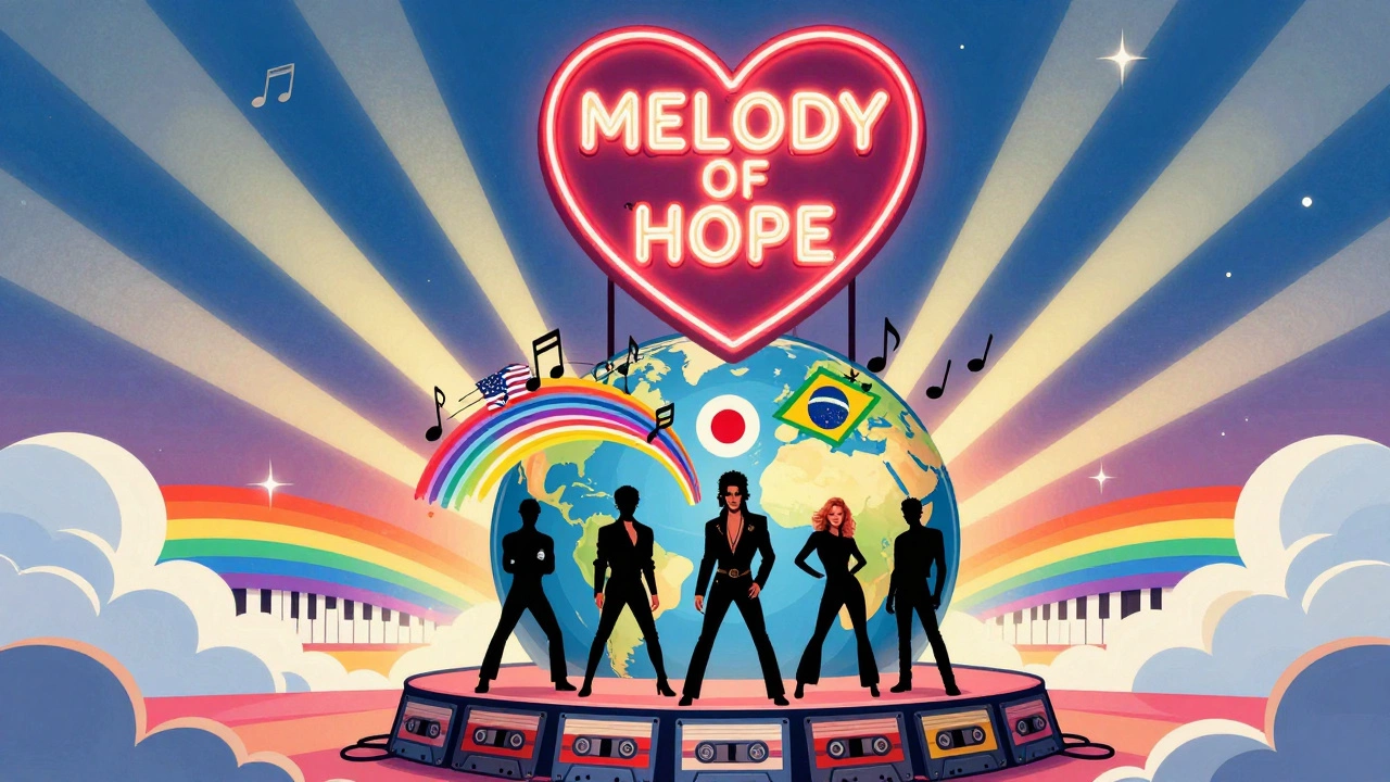 A giant neon heart sign hovers over a globe where music notes from around the world merge into a rainbow wave.