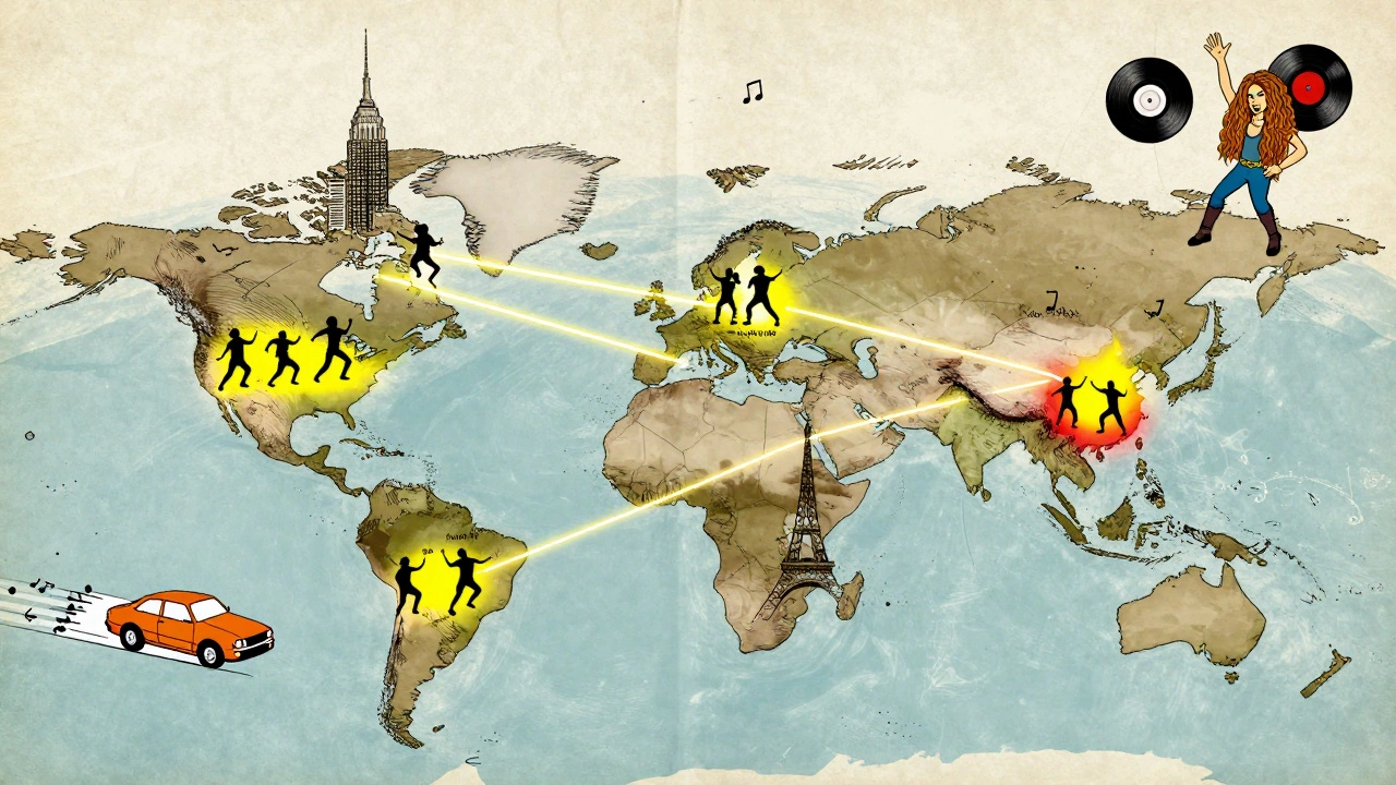 A global map with dancing cities connected by dembow beats, featuring iconic reggaeton and Latin pop stars.