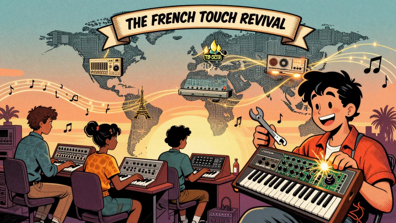 A global map with vintage synths glowing above cities, students learning analog production, sparks flying from a repaired Juno-106.