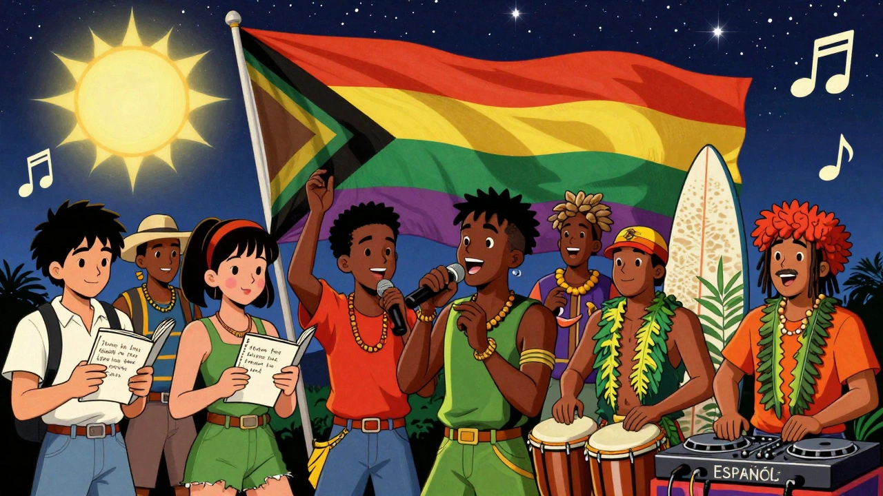 A global reggae festival unites fans from Japan, Africa, Hawaii, and Panama in vibrant 80s cartoon style.