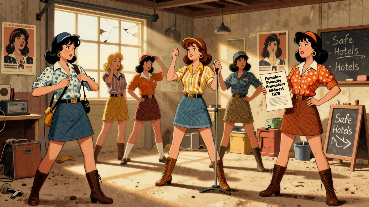 A group of women in 1970s clothing work as a road crew, holding a photocopied guide to safe venues and venues.