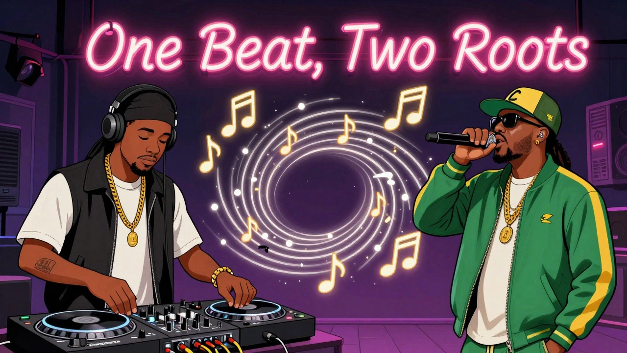 A hip-hop rapper and Jamaican toasting MC mix beats as musical notes form a spiral into a hit song chart, symbolizing the fusion of two cultures.