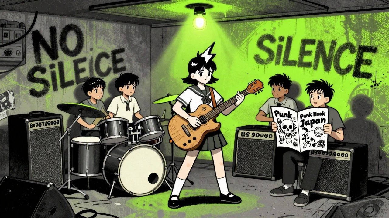 A Japanese girl in a school uniform plays a cardboard guitar in a basement club, surrounded by DIY instruments and a photocopied zine.