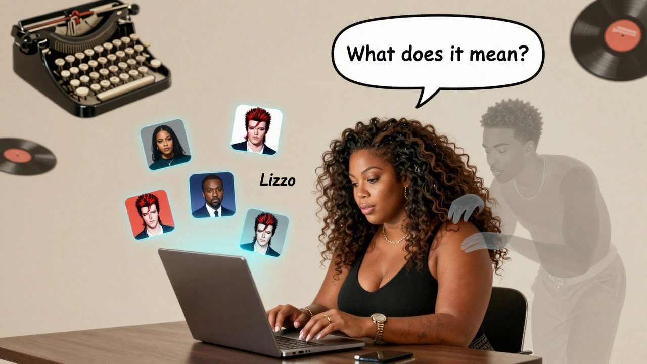A modern blogger surrounded by ghosts of 1970s critics, with floating icons of Lizzo, Kanye, and Bowie.