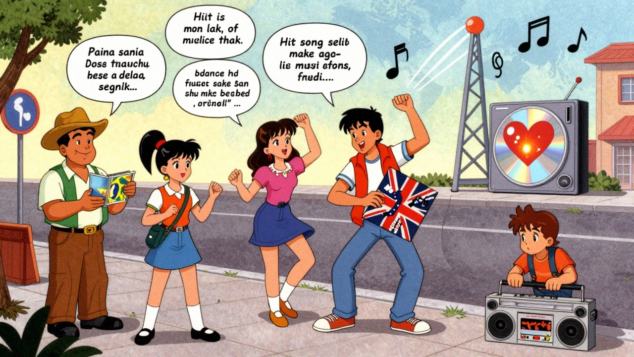 A multicultural street scene where people from Japan, Brazil, Germany, Britain, and the US exchange and enjoy global music in 1990s style.