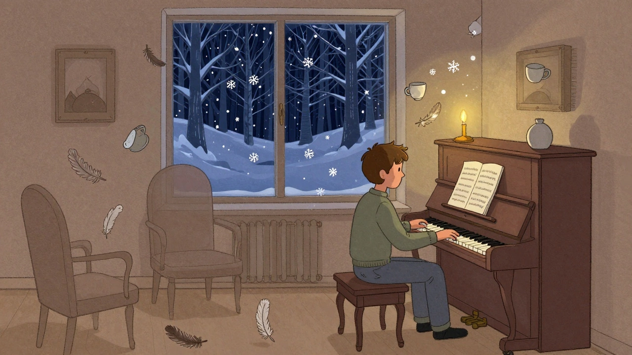 A pianist in a quiet Nordic room, surrounded by floating objects representing silence and stillness.