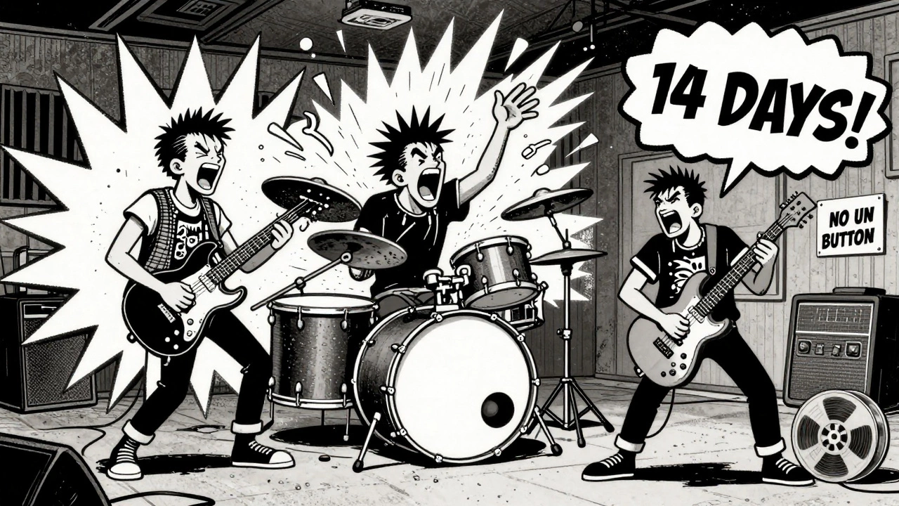 A punk band's live studio performance with exploding drums and jagged sound waves, a spinning tape reel labeled '14 DAYS'.
