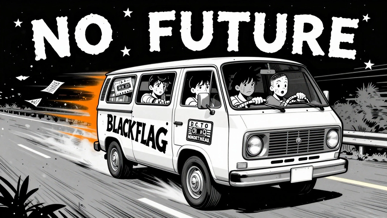 A punk tour van speeding down a highway at night with spray-painted band logos and kids inside holding cassettes.