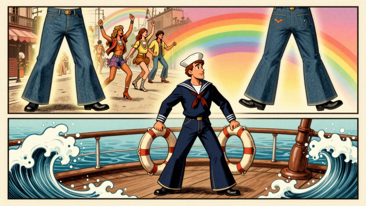 A sailor in navy bell-bottoms transforms into 1960s hippies wearing flared jeans in a vintage cartoon transition panel.
