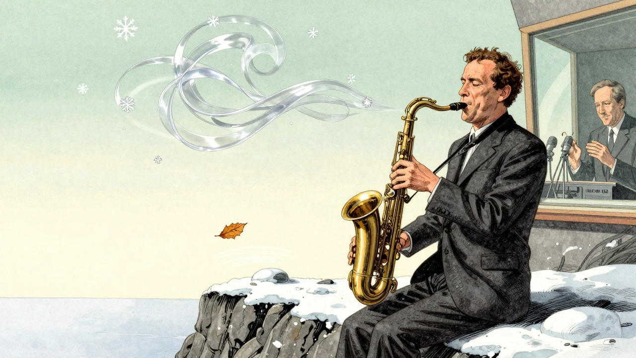 A saxophonist on a cliff, his breath becoming snow-like sound ribbons in the still air.