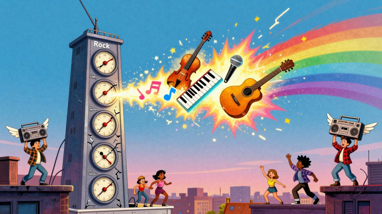 A shattered 90s radio tower blasting a rainbow sound wave while kids dance on rooftops with boomboxes flying into the sky.