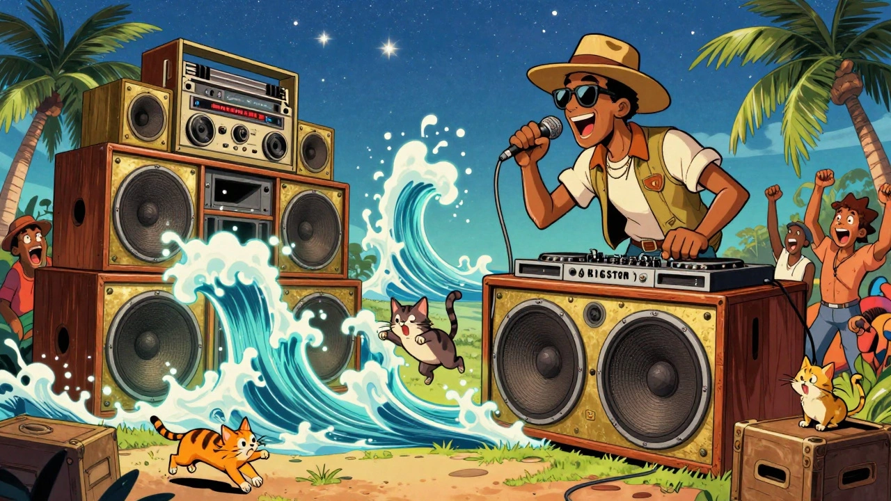 A vibrant Kingston sound system battle with towering speakers, toasting DJs, and bass waves knocking over crates under a starry night sky.