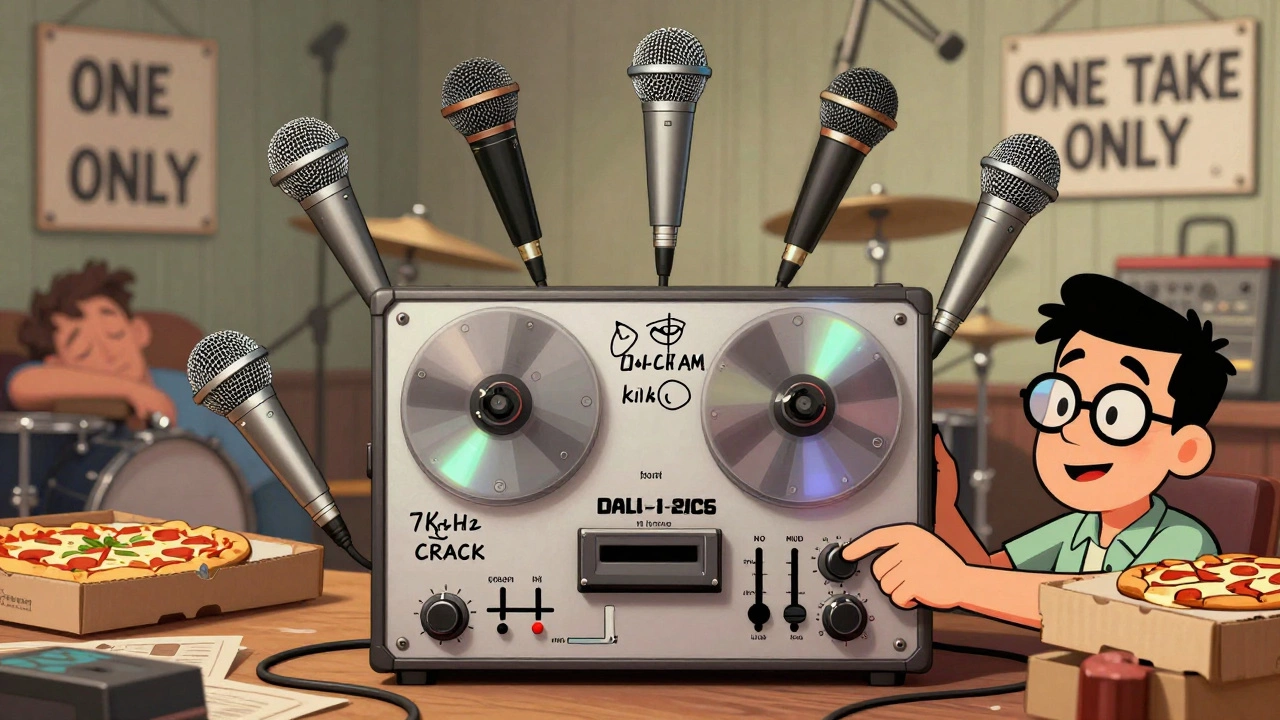 A vintage cartoon of a 24-track tape machine with eight mics on a drum kit, an engineer adjusting EQ, and sleeping band members nearby.