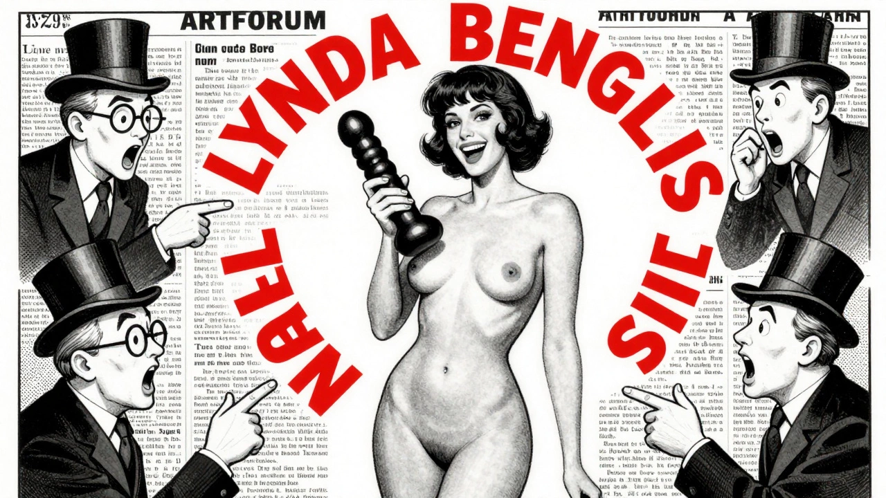 A woman holding a dildo in a 1970s magazine ad, surrounded by shocked male critics in vintage cartoon style.