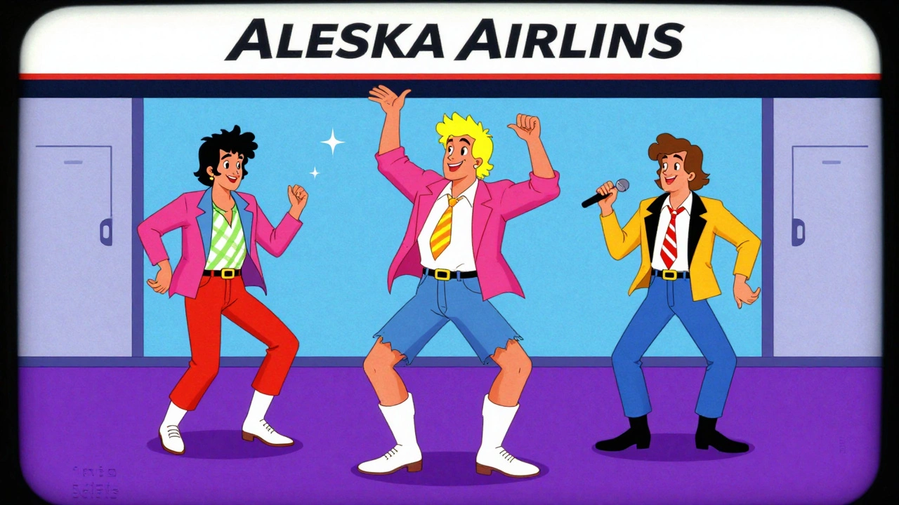 Alaska Airlines safety video with Men Without Hats dancing Safety Dance in cartoon style