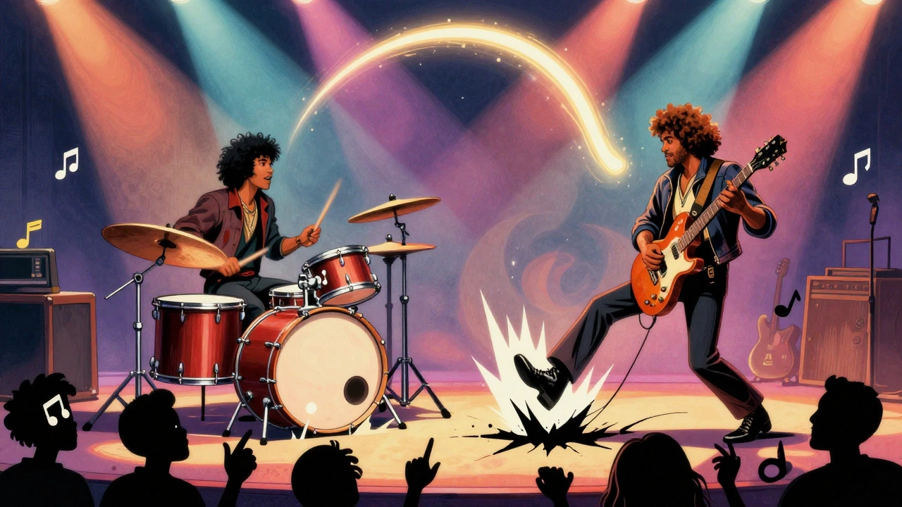 Allman Brothers drummers lock into a groove on stage, sparks flying from their kits as the crowd dances in silhouette.