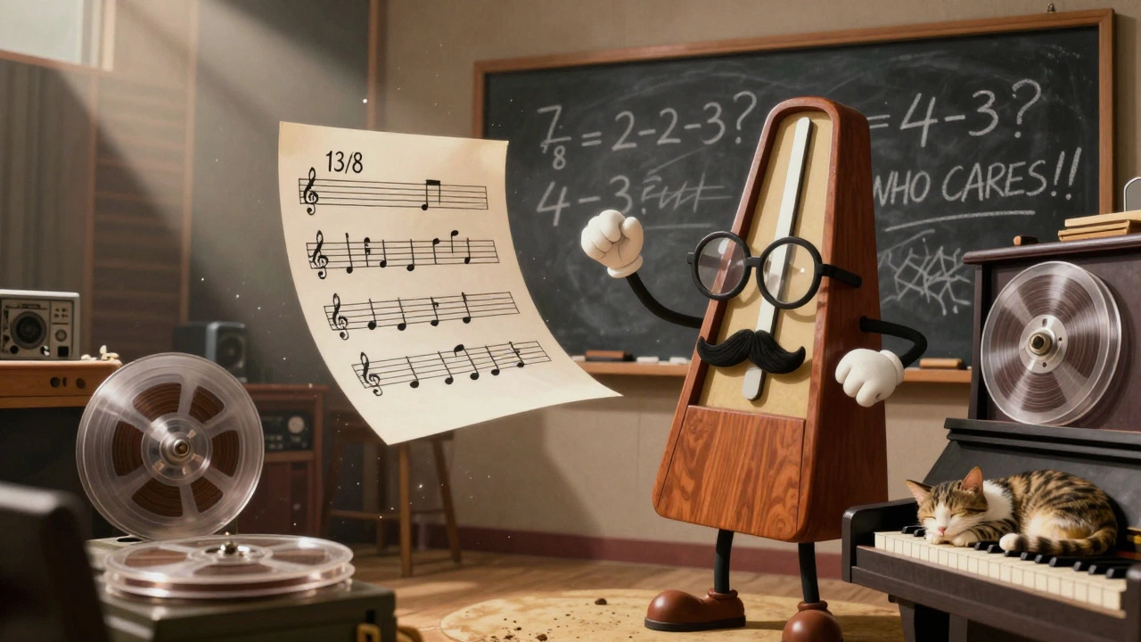 An anthropomorphic metronome arguing with sheet music labeled '13/8' in a chaotic 1970s recording studio filled with spinning tape reels.