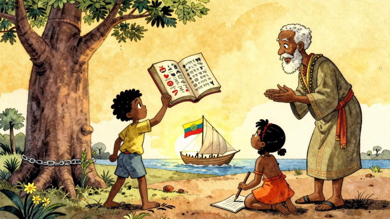 An elder teaches children under a baobab tree as a floating Bible transforms into African symbols and a ship sails toward Ethiopia.