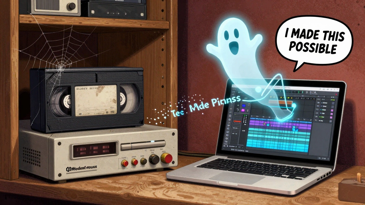 An old ADAT machine in a closet beside a modern DAW, with a ghostly Lightpipe connection.