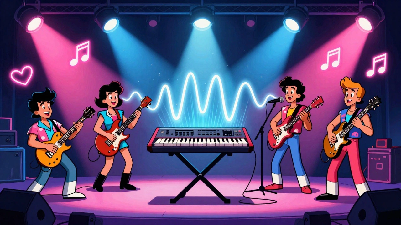 Band performing on stage with vintage synth emitting shimmering sound waves.