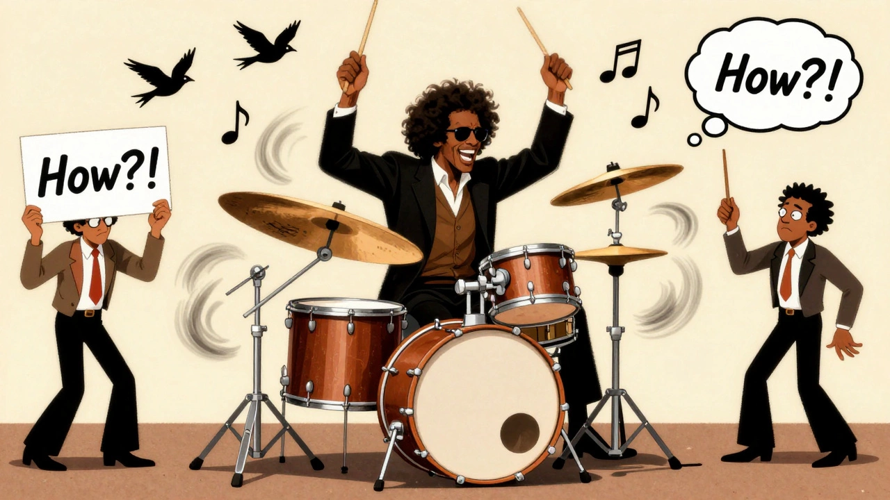 Billy Cobham performing complex double-kick patterns with flying musical notes and swirling drum energy.