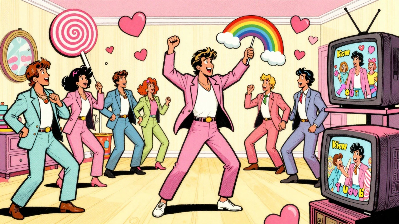 Boy George dances in a candy-colored room with dancers and floating hearts during the 'Karma Chameleon' music video.