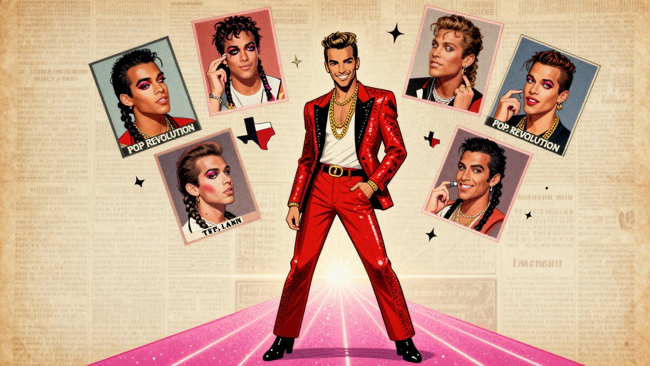 Boy George on a magazine cover with fans around the world copying his style, glitter leading into the horizon.