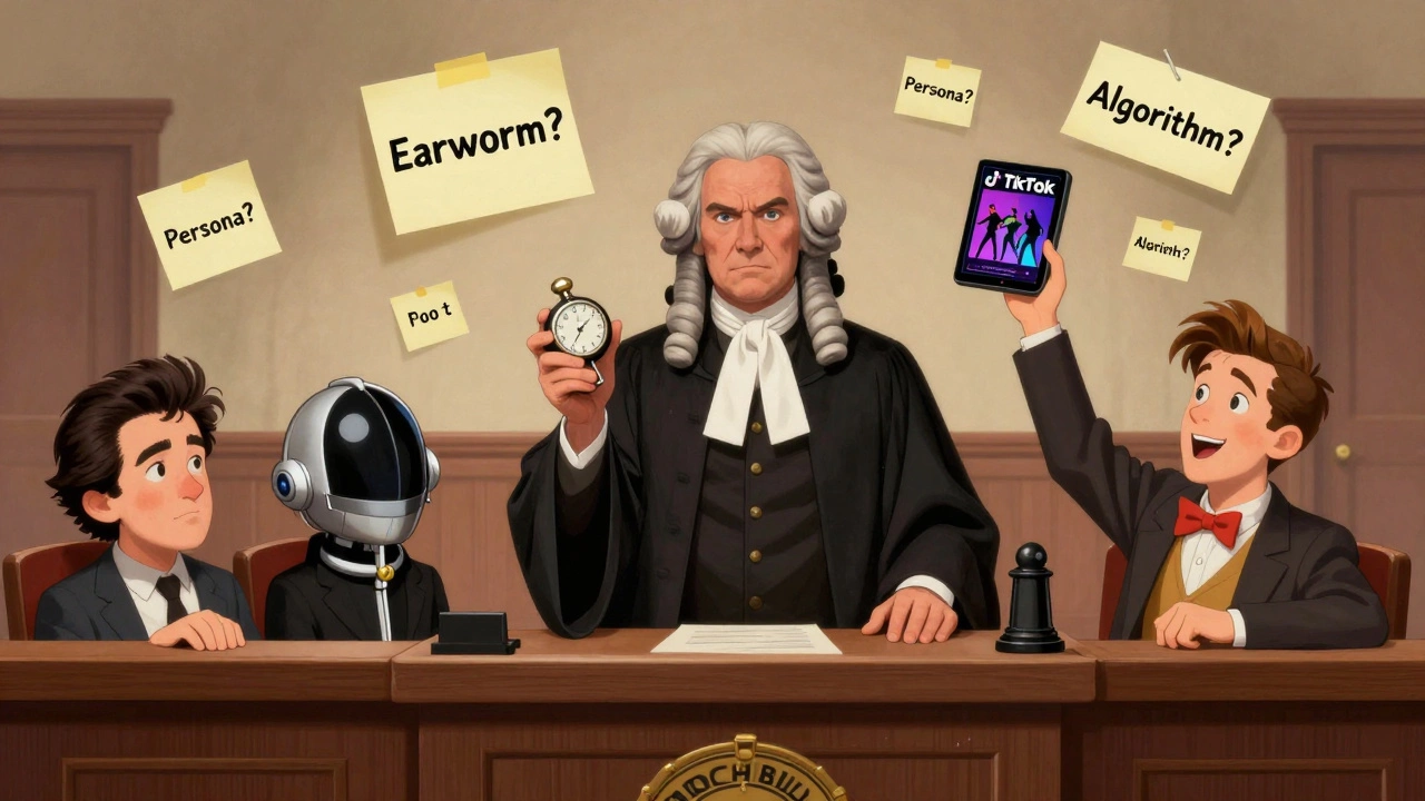 Cartoon courtroom trial where a pop album is defended against classical criticism with TikTok and persona themes.