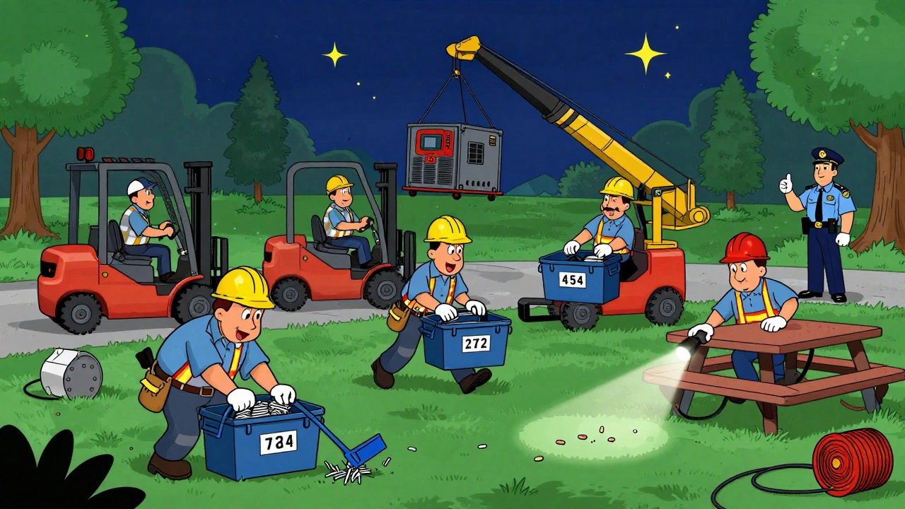 Cartoon crew cleaning up a park after a hip-hop party, using magnetic sweepers and UV lights to ensure no debris is left.
