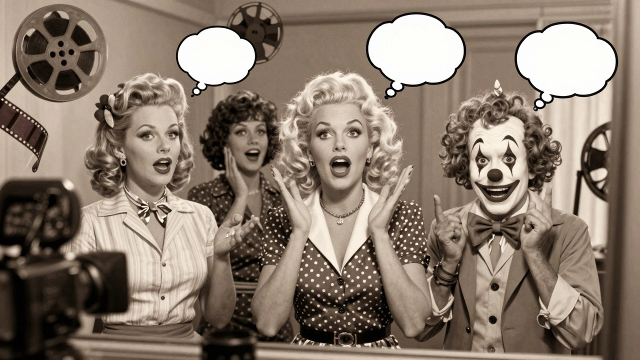 Cindy Sherman portraying multiple female stereotypes in a single comic-style panel with film reels and mirrors.