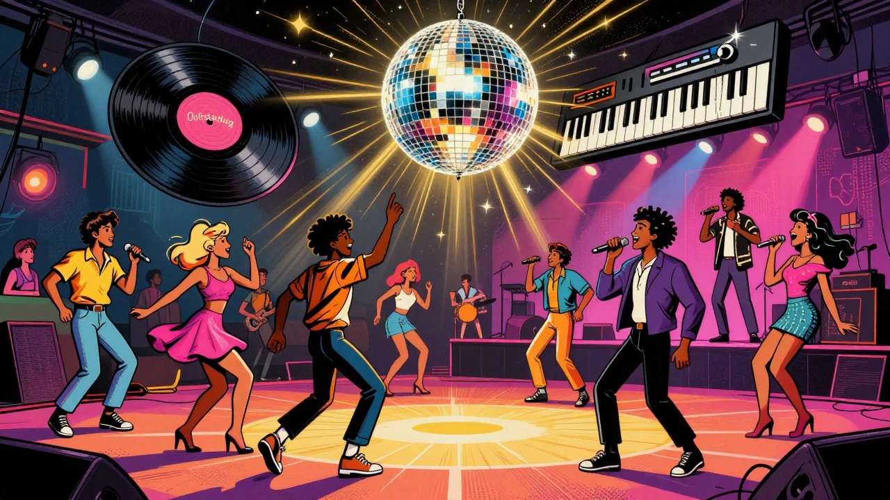 Dancers grooving in a 1980s nightclub under a floating 'Outstanding' record with golden soundwaves.