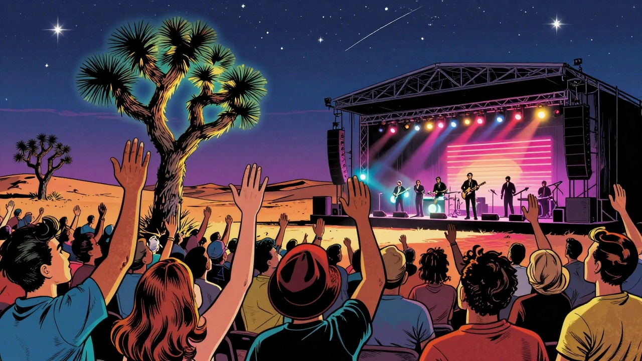 Diverse crowd at stadium concert raising hands towards Joshua tree in night sky
