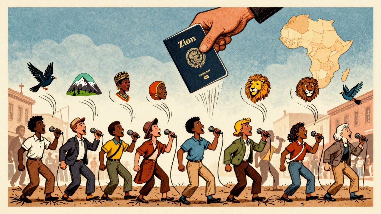 Diverse people rally with microphones that grow into birds carrying African imagery, as a passport labeled 'Zion' falls from the sky.