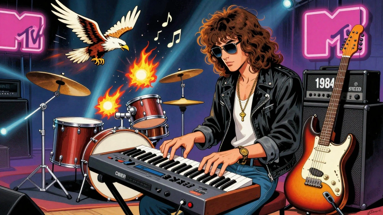 Eddie Van Halen playing a synth as musical fireballs fly, with a drum machine and MTV logos glowing in the background.