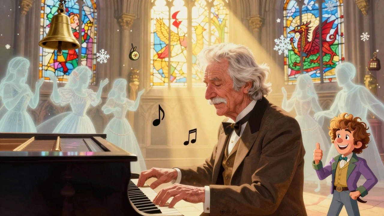 Elderly Rick Wakeman playing piano in a cathedral as Christmas traditions appear as ghostly figures, vintage cartoon style.