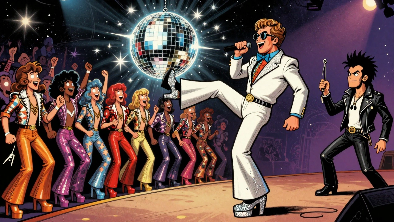 Elton John performs on stage with glittering platform shoes as fans cheer in flared pants, while a punk figure watches skeptically.