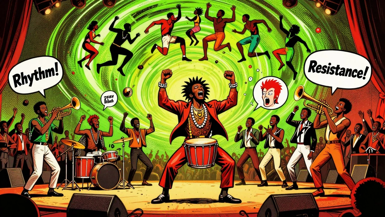 Fela Kuti and Tony Allen on stage with David Bowie, Afrobeat rhythms swirling in cartoon style