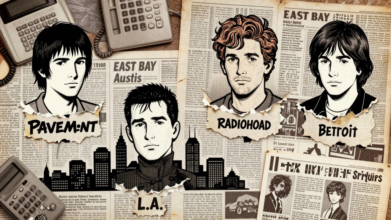 Four iconic 90s bands emerging from newspaper clippings above their hometowns, surrounded by fax machines and stacked zines.