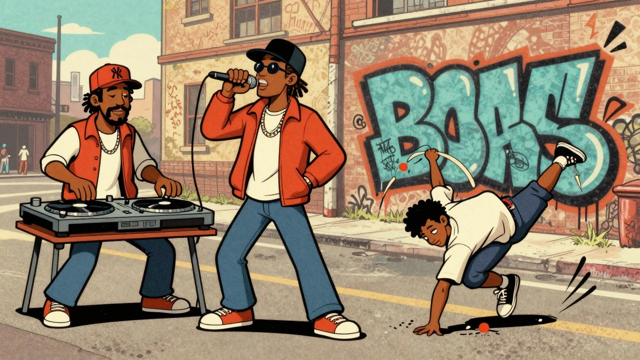 Four pillars of hip-hop culture: DJing, MCing, breakdancing, graffiti in street scene.